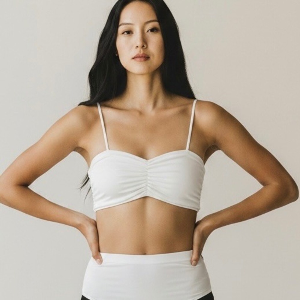 Port de Bras White Ruched Bralette Spaghetti Strap Crop Top Activewear